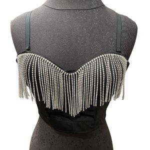 Black studded “diamond” fringe bustier. Medium.